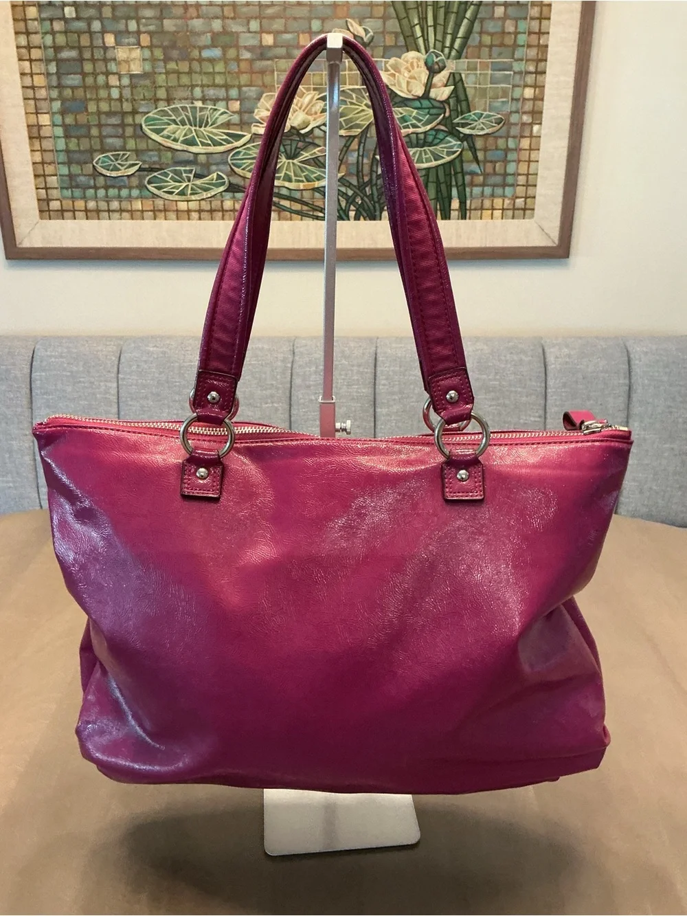Coach Magenta Leather Tote Bag with Dual Zipper Pockets EUC